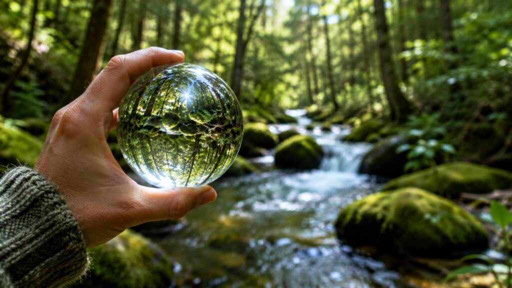 Main tenant une sphère de cristal reflétant une rivière et une forêt verdoyante