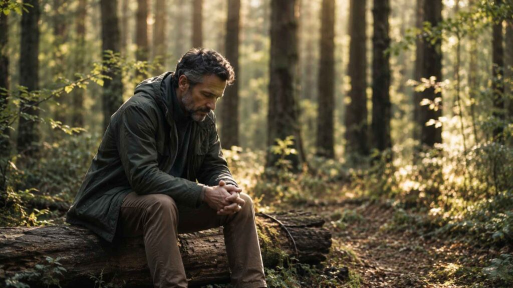 Homme épuisé assis en forêt dans un moment de réflexion, illustration du burn-out, de la fatigue mentale et de l'écoute des signaux du corps