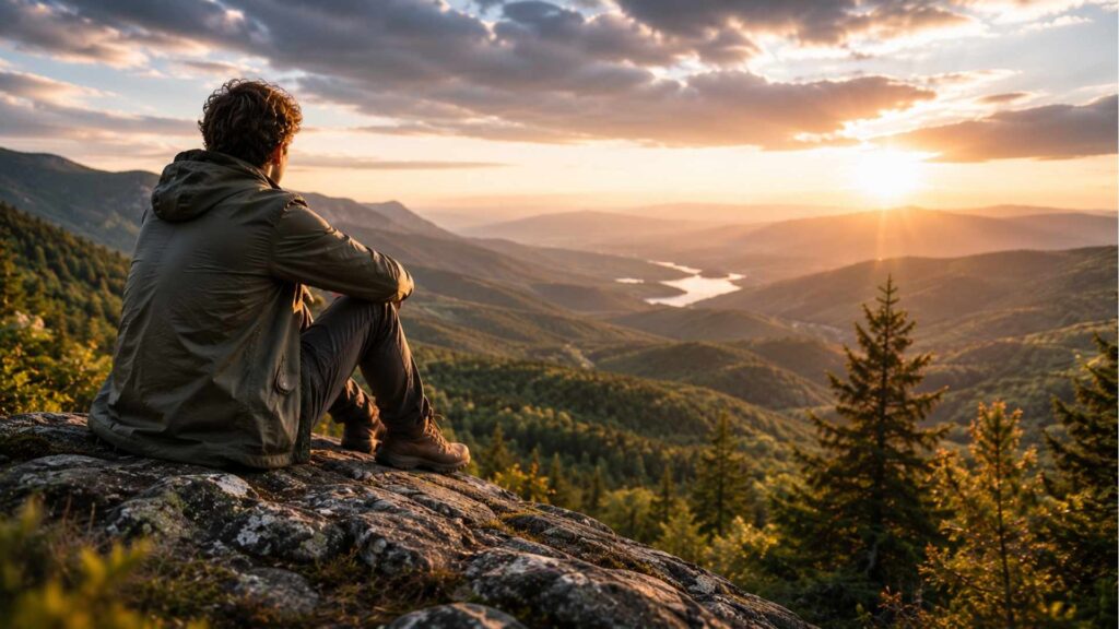 Jeune adulte contemplant un paysage naturel et réfléchissant aux enjeux environnementaux et climatiques