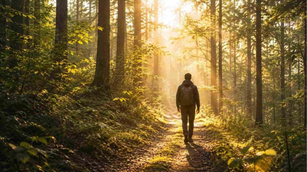 Marche en forêt après un burn-out, sentier lumineux symbolisant la guérison, la reconnexion à la nature et le retour à l'équilibre