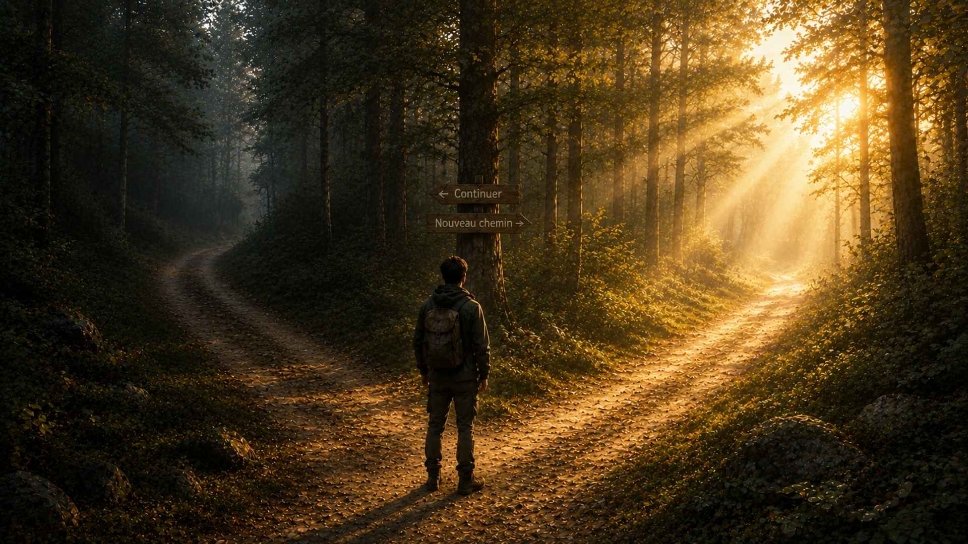 Photo d'un homme seul de dos à la croisée de deux chemins dans une forêt baignée de lumière, symbolisant le burn-out, le choix du changement et la reconnexion à soi