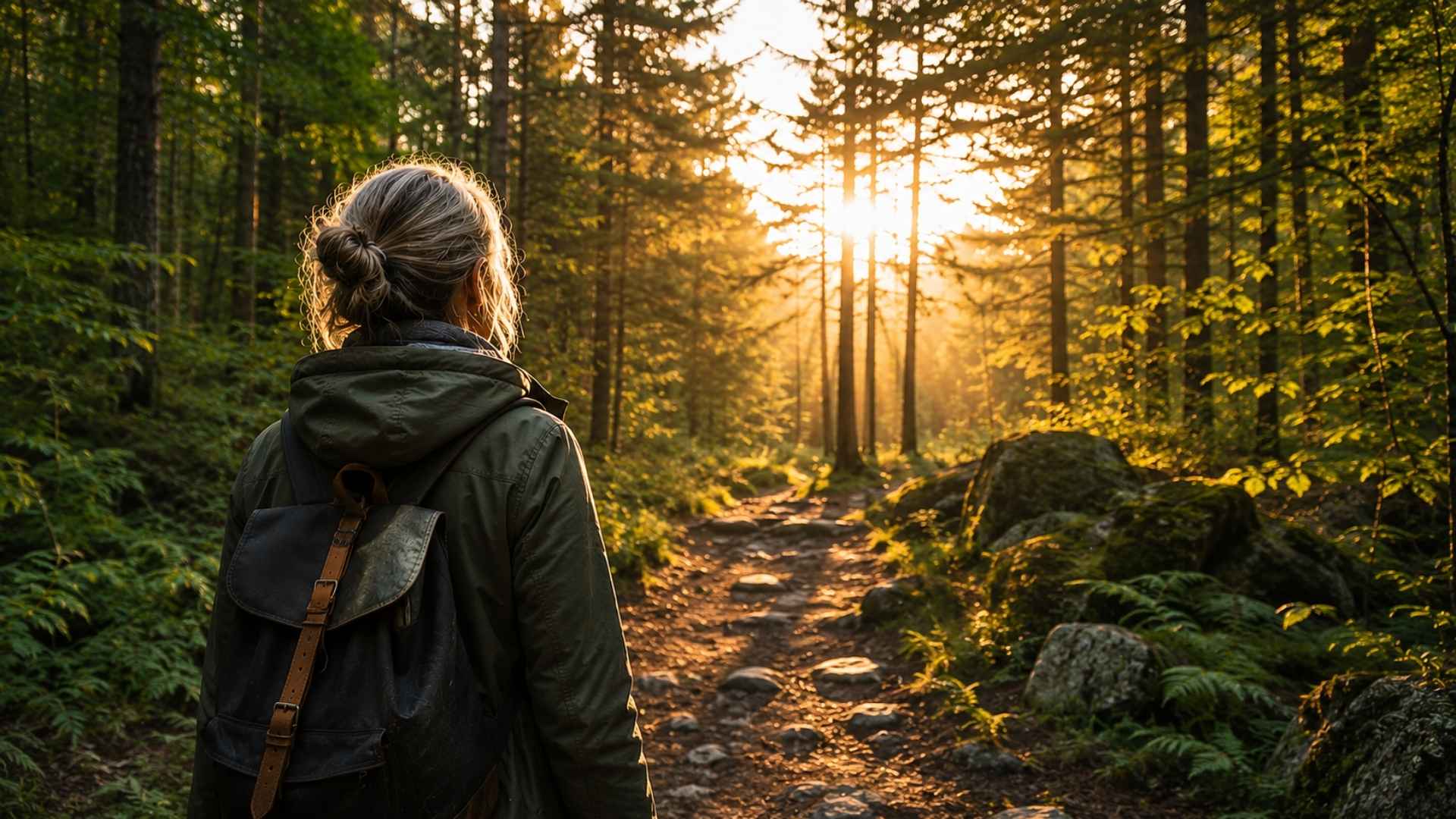 Photo d'une femme marchant dans une forêt baignée de lumière au lever du soleil pour illustrer la reconnexion au vivant face à l'éco-anxiété