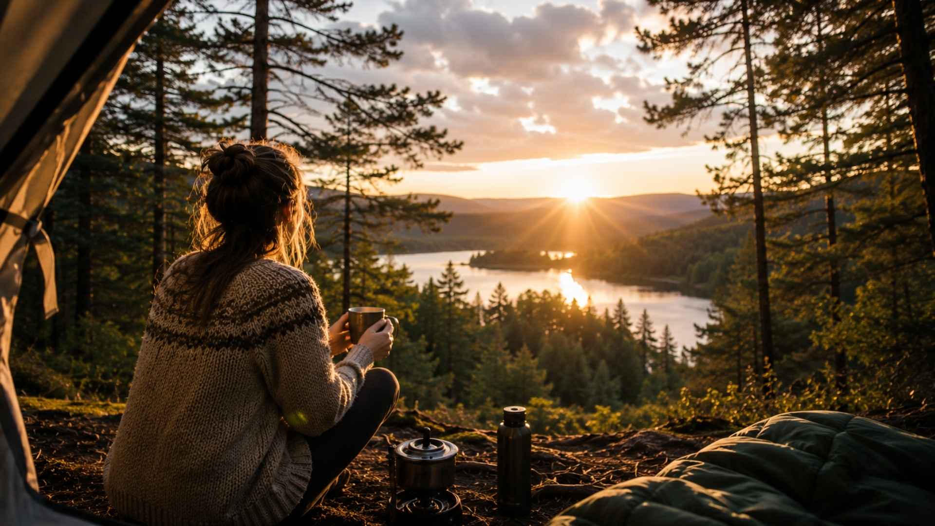 Femme de dos contemplant un lever de soleil depuis une tente au cœur d'une forêt, face à un lac et aux montagnes pour illustrer le retour à la nature