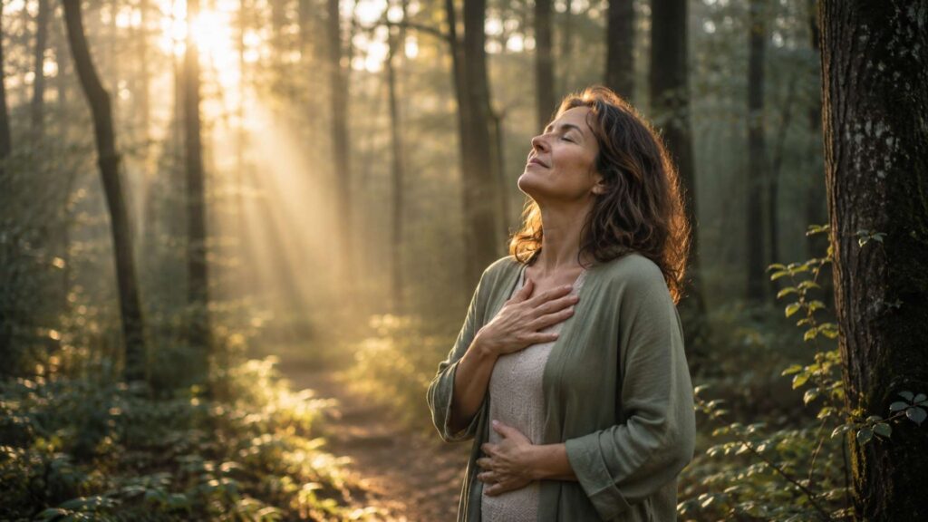 Femme en forêt pratiquant une reconnexion au corps et au système nerveux, illustration du relâchement émotionnel, de la régulation intérieure et de l'apaisement par la nature