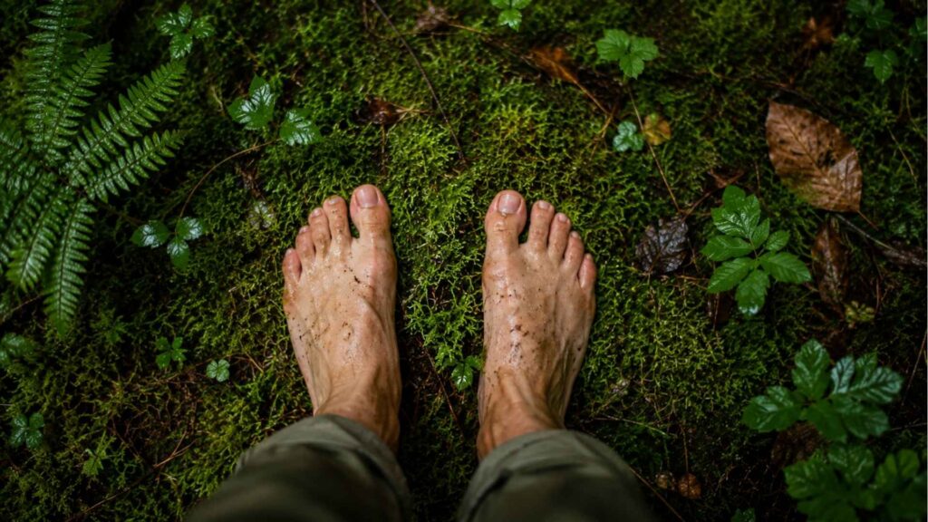 Pieds nus posés sur un tapis de mousse au cœur d'une forêt humide