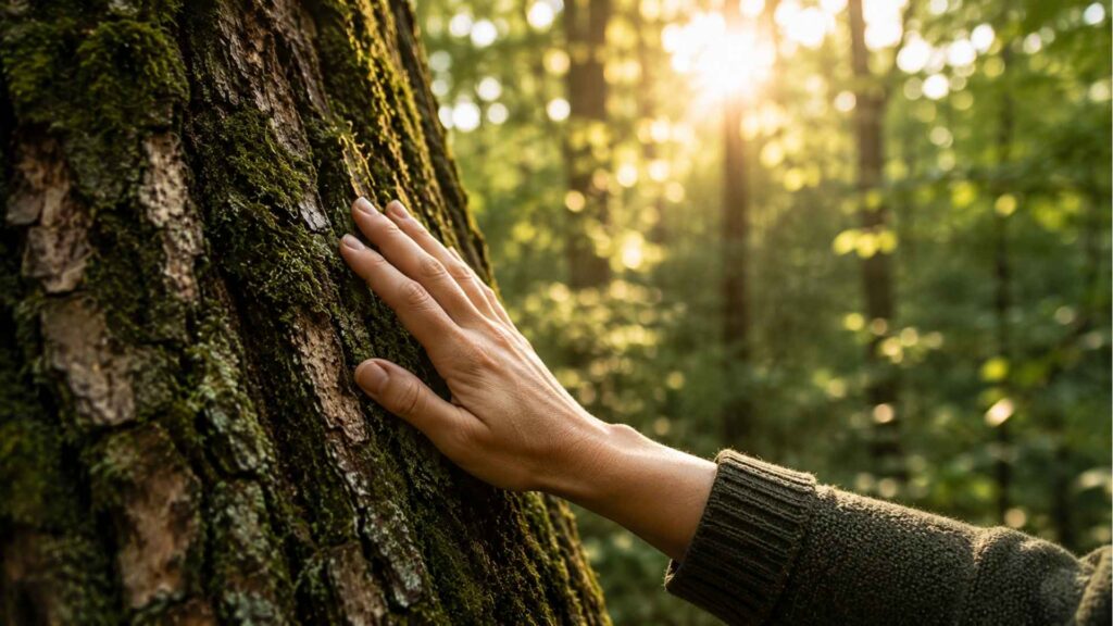 Main humaine touchant un arbre en forêt pour retrouver un sentiment d'ancrage et de connexion à la nature